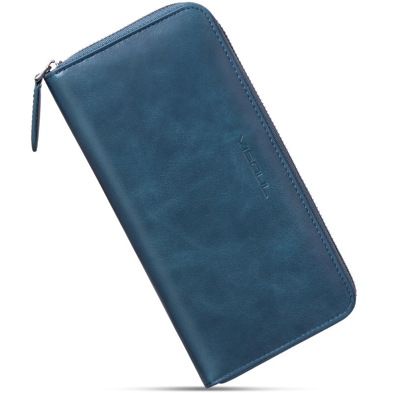 VISOUL Leather Long Zipper Pouch Wallet for Men and Women with RFID Blocking, Large Clutch Cash Long Wallet with Zipper (Navy Blue) - Image 1